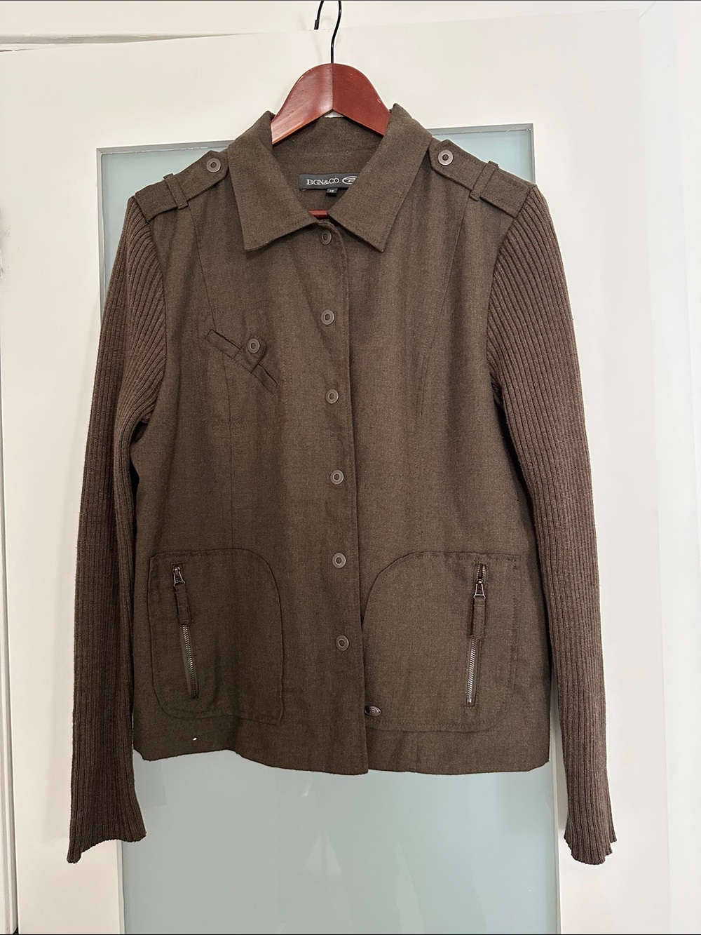Dark Taupe Utility Jacket with Knit Sleeves